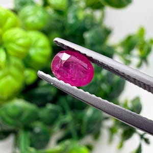 Puede incluir: Una gema de color magenta con corte ovalado sostenida por unas pinzas de metal plateado. La piedra presenta una superficie facetada que refleja la luz, mostrando un tono rojo rosado intenso con inclusiones internas visibles.