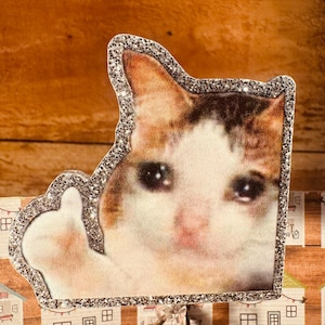 May include: A close-up of a glittery sticker featuring a cat with a sad expression and a thumbs up. The cat has brown, white, and orange fur. The sticker is on a wooden background.