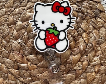 HK strawberry Kitty badge reel, badge reel for nurse, HK badge reel, teacher badge reel, ITTech, cute cow badge reel