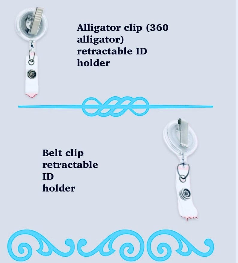 May include: Image features two retractable ID holders with alligator and belt clips. Text reads "Alligator clip (360 alligator) retractable ID holder" and "Belt clip retractable ID holder". A blue decorative line and a blue decorative border are also present.