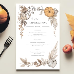 May include: A Thanksgiving menu with a brown and orange floral design. The menu includes appetizers, main course, and dessert options. The text reads "The Smiths' Thanksgiving menu".