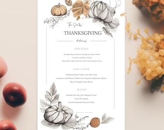 Anpassbares Friendsgiving-Menü PDF Herbst inspiriert Urlaub Thanksgiving Design Canva Vorlage Herbst-Menü personalisierte Kürbis Word-Vorlage