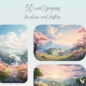 May include: A collection of 50 phone and desktop wallpapers featuring a whimsical landscape with a stone path leading to a castle, a river, and pink flowers. The sky is blue with white clouds and butterflies are flying in the air.