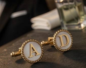 Personalized Mother of Pearl Initial Cufflinks, Silver Monogram Wedding Gift for Groom