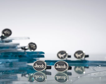 Ellipse Name Cufflinks: Personalized Silver Groomsmen Gift