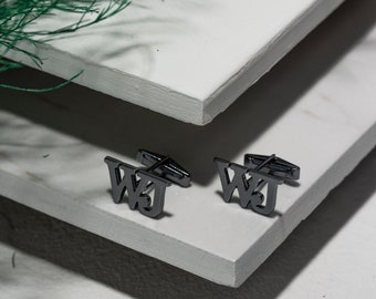 Black Sterling Silver Initial Cufflinks: Personalized Wedding Groomsmen Gift
