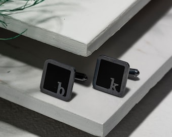 Black Enamel Square Initial Cufflinks: Personalized Letter Cuff Links