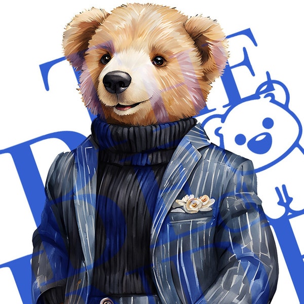 Cute polo bear design ready to print ideal for t-shirt. Fashion bear wearing a pinstripe dark suit and turtleneck sweater. Vector image.