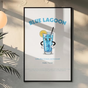 Blue Lagoon Cocktail Poster - Rubber Hose Style Drink Art - Retro Cartoon Print - Paris 1972 - Halftone Pop Art Bar Decor