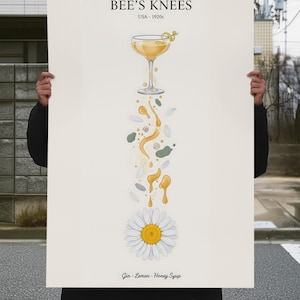 Póster de cóctel Bee’s Knees: De la flor de lavanda a Bee’s Knees: Serie de flores a cócteles. Impresión de arte mural de ginebra vintage.
