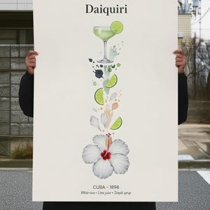 Póster de cóctel Daiquiri: De la flor de hibisco al daiquiri: Serie De la flor al cóctel: Impresión artística de pared con ron vintage
