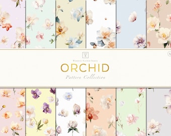 May include: A collection of 10 digital paper patterns featuring watercolor illustrations of orchids in various colors and arrangements. The patterns are perfect for creating wedding invitations, stationery, and other projects.