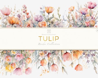 Floral Border Clipart, Bouquet Border Art, Digital Flower Borders, Tulip Flower Border Art, Tulip Border Clipart, Wildflower Digital Border
