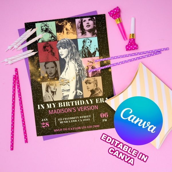 Eras Birthday Invitation, Taylor Party Invite, Eras Party Decorations, Editable Birthday Party Invitation, Birthday Supplies