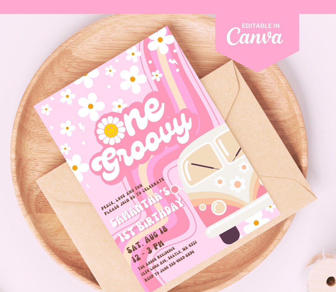 Editable ONE Groovy Babe Invitation, Pink Rainbow Groovy 1st Birthday ...
