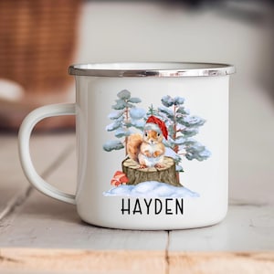 12 Unze Weihnachten Eichhörnchen Tasse Emaille Camping Tasse Heiße Kakaotasse für Kinder Individuelle Name Weihnachtstasse Personalisierte Kaffeetasse Waldtier Geschenk