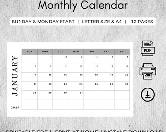Calendario mensual horizontal 2024 / Calendario mensual minimalista en blanco y negro gris / Calendario PDF A4 / Calendario imprimible 2024 / Mensual 2024.