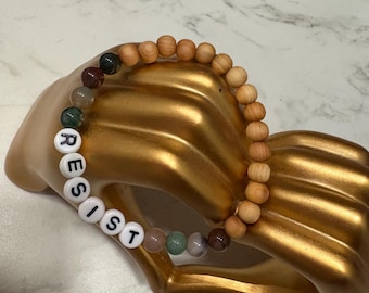 Resist bracelet, Indian agate healing wooden friendship bracelet, feminist Swiftie inspired