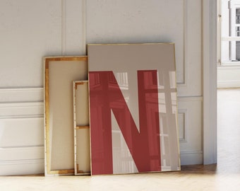 Letter N Print Red-Beige Initial Wall Art Printable Bold Alphabet Poster For Nursery-Kids-Dorm-College-Office-Bedroom-Living Room