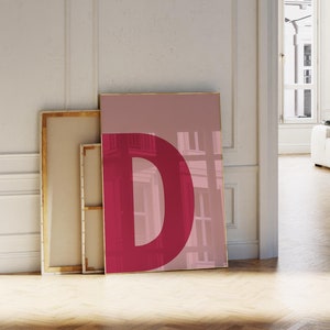 Impresión de la letra D, póster con letras del alfabeto en rosa oscuro y rosa claro, letrero con letras, arte de letras colorido para niñas, impresión minimalista, arte de pared preppy