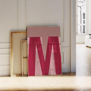 Impresión de la letra M, póster con letras del alfabeto en rosa oscuro y rosa claro, letrero con letras, arte de letras colorido para niñas, impresión minimalista, arte de pared preppy