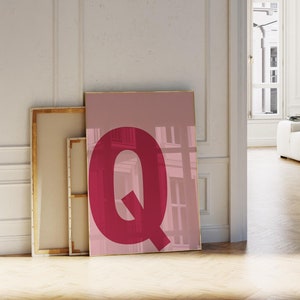 Impresión de la letra Q, póster inicial rosa, letrero con letras, arte de letras colorido para niñas, impresión minimalista, arte mural preppy, impresión de letras del alfabeto