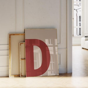 Letra inicial D impresa en rojo y beige con letras del alfabeto en negrita, arte de pared, letrero de letras, impresión minimalista, arte de pared moderno, decoración de pared para niños, letra imprimible
