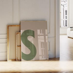 Impresión de letras verdes, arte de pared con la letra S, póster con letras del alfabeto verde y beige, arte de letras para pared, impresión minimalista, impresión estética de moda