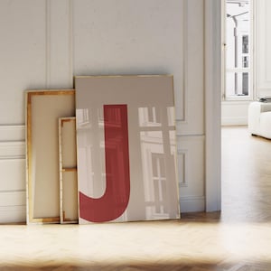Impresión de la letra J, arte de pared con letras, impresión inicial, póster con letras del alfabeto en rojo y beige, letrero minimalista, decoración moderna para habitación, decoración de pared para niños
