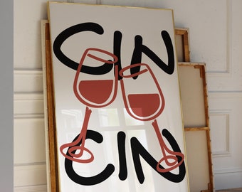 Cin Cin wijnprint retro keukenposter barwagen decor trendy muurkunst digitale download