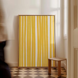 Arte de pared de rayas amarillas, impresión de líneas abstractas simples, dibujo de líneas orgánicas, arte de líneas vintage, arte de líneas de rayas minimalistas, póster neutro dibujado a mano