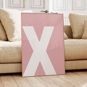 Impresión de la letra X, póster con letras del alfabeto en blanco y rosa, arte de pared con letras, impresión inicial, arte de pared preppy, impresión minimalista, decoración de habitación moderna