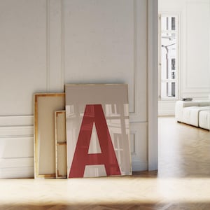 Letra roja impresa, letra inicial A, letra del alfabeto roja y beige, arte de pared imprimible, letra para niña y niño, impresión minimalista, decoración estética de moda