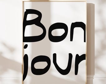 Bonjour Hello Print Minimalist French Bold Typography Printable Wall-Art Neutral Home Decor Digital Download