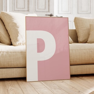 Impresión de la letra P, arte de pared blanco y rosa, letra meñique para niños, decoración bonita para apartamentos, letra única, póster minimalista del alfabeto, arte de pared para dormitorio
