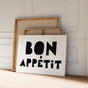 Bon Appetitポスター、横長キッチンウォールアート、フランス語の名言、ミニマルなキッチンプリント、大胆なタイポグラフィ、ミッドセンチュリーモダンスタイル、ダイニングルーム