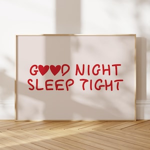 Good Night Sleep Tight Print Bedroom Horizontal Wall Art Red Minimalist Heart Poster Trendy Print for Apartment Decor Digital Download
