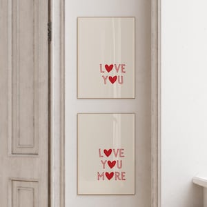Älskar dig mer Tryckset med rött hjärta, typografi, alla hjärtans dag-poster, minimalistisk, romantiskt par, väggkonst