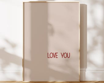 Love You Red Typography Print Beige Wall Art Valentine's-Day Apartment Printable Neutral Home Decor