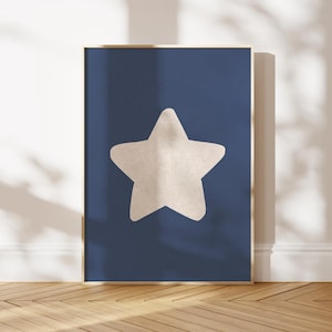 Star Wall Art Beige Navy Blue Poster Hand Drawn Star Wall Art Retro Poster Digital Printable Trendy Wall Art Minimalist Aesthetic Room Decor