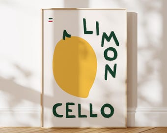 Limoncello Kitchen Print Hand-Drawn Abstract Lemon Art Bar Cart Decor Printable Fruit Poster