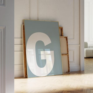Letter G Print, White - Light Blue Alphabet Letter Poster, Letter For Kids, Minimalist Printable Letter, Big Letter Sign, Dorm Room Print