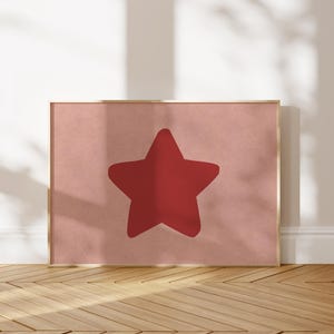 Ster rood roze poster retro horizontale handgetekende ster muur kunst ster poster digitale download afdrukbare trendy muur kunst esthetiek kamer decor