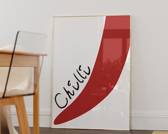 Abstract Spicy Red Chilli Pepper Print Minimalist Kitchen Wall Art Trendy Kitchen  Food Illustration