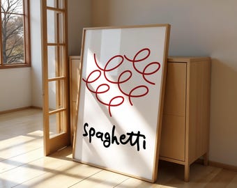 Spaghetti Print Pasta Poster Abstracte Italiaanse Funky Keukendecoratie Handgetekende Printbare Voedsel Muurdecoratie