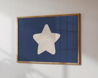 Retro Star Print Beige Navy Blue Poster Hand-Drawn Printable Horizontal Star Digital Download