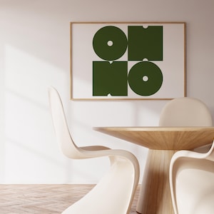 Póster horizontal verde y blanco con texto "OH NO", impresión tipográfica minimalista, decoración de habitación estética moderna, arte de pared retro.