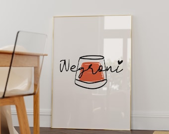 Plakat z koktajlem Negroni, minimalistyczny wystrój baru, abstrakcyjna sztuka ścienna, włoski plakat z drinkiem