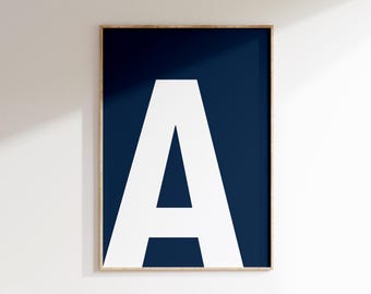 Custom Navy Blue Initial Wall Art Print: Personalized Letter Poster, Modern Bold Typography