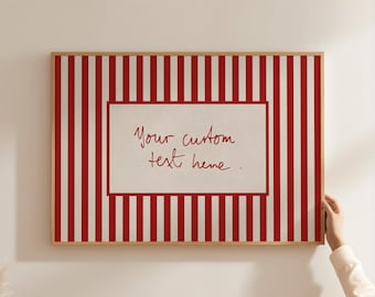 Custom Text Quote Print, Red Striped Wall-Art, Trendy Personalized Hand-Written Decor, Digital Download, Horizontal